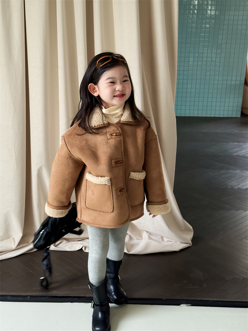 2025 Winter New Korean Style Children's Clothing Girls' Suede Composite Lamb Wool Jacket Plus Velvet Thickened Jacket