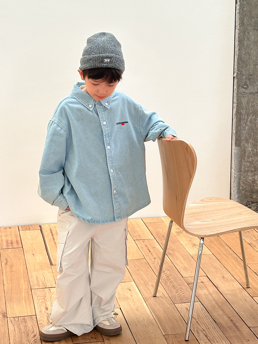 [Clearance Sale] Aimo Beibei Sand-Washed Cotton Loose Jacket Autumn Style Fashion Embroidered Denim Shirt for Boys and Girls