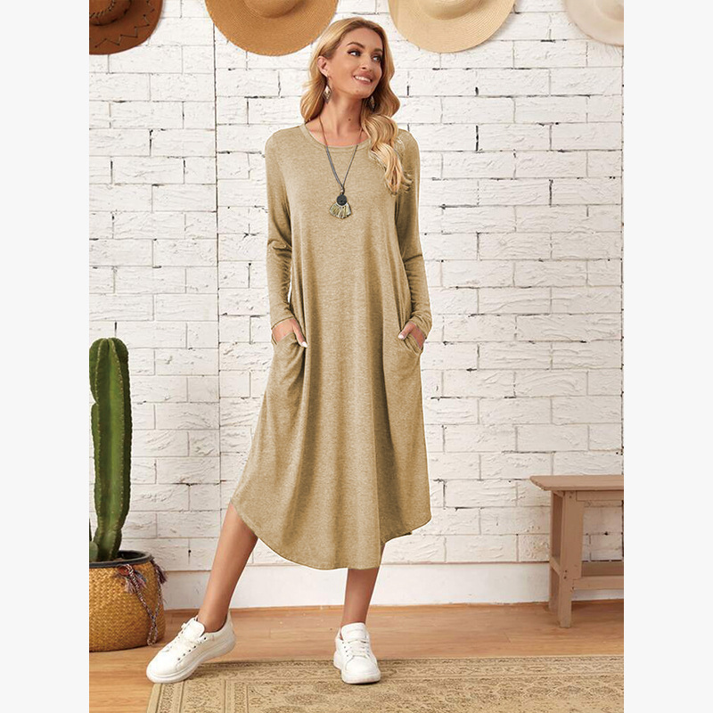 2022 New Autumn and Winter European and American Clothing Pure Color Knitted Side Seam Straight Flap Pocket Pants Curved Hem Loose Dress