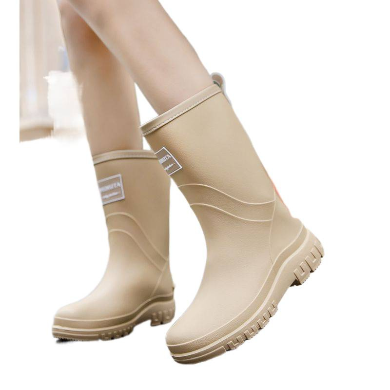 Japanese-Style Mid-Calf Rain Boots for Women, Fashionable Outer Rain Boots, Waterproof Long Boots for Women, Non-Slip and Wear-Resistant Kitchen Rubber Shoes