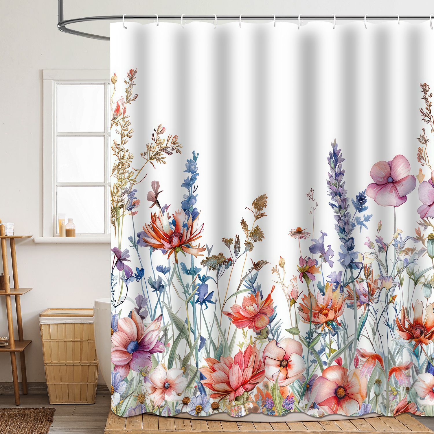 Cross-Border Direct Supply 3D Digital Spring Floral Shower Curtain Polyester Waterproof and Mildew-Proof Shower Bathroom Partition Curtain
