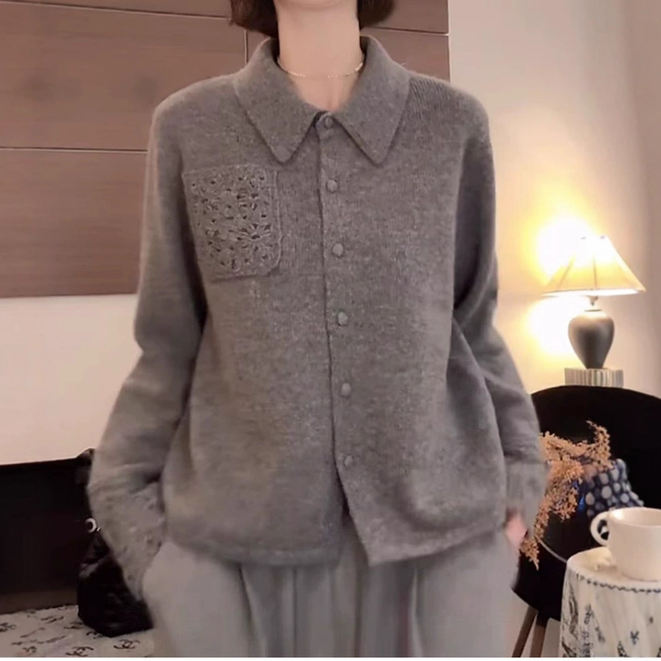 Пиджак Свитер Женский Осень и Зима Ленивый Стиль Мягкий и Восковой Свободный Слиммирующий Взгляд Уменьшающий Возраст Кружевной Вязаный Кардиган Топ