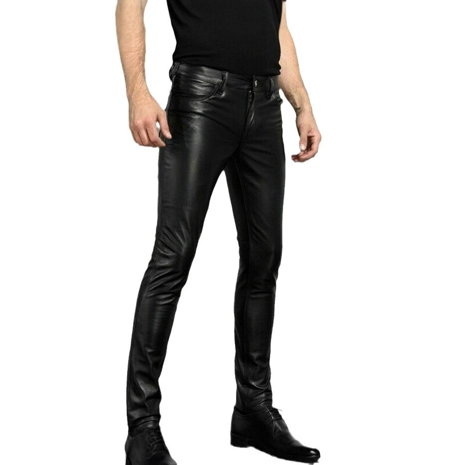 New Cross-border Spring and Autumn Leather Pants AliExpress Foreign Trade Black Leather Pants Tight Stretch Biker Leather Pants Men's Skinny Pants