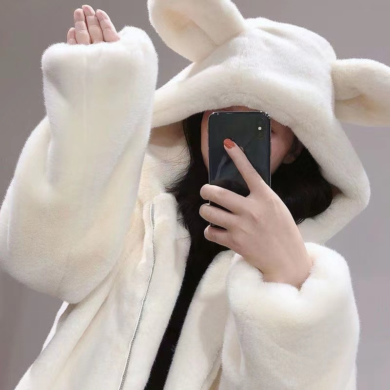 2025 Winter New Style Hooded Loose Cute Bear Ear Thickened Faux Fur Mid-Length Coat for Women
