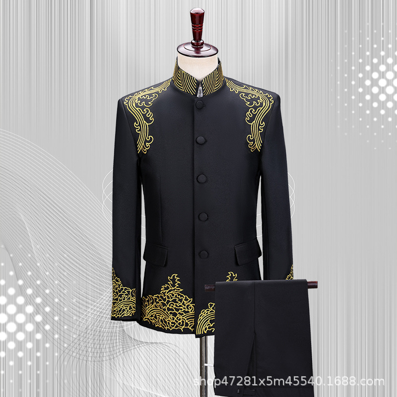 Embroidered Zhongshan suit black stand collar youth adult men's suit jacket men's suit performance costume chorus costume