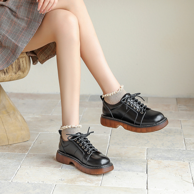 2023 New British Genuine Leather Brown Shoes Women's College-style Retro Dress Lace-up Shoes