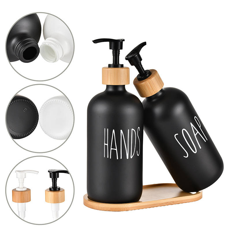 Amazon Glass 500ml Boston Hand Sanitizer Pump Black and White Bottles Wooden Cap Soap Dispenser Shampoo Bottle