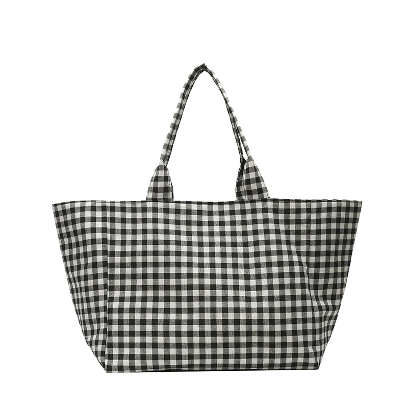 Japanese-Style Plaid Canvas Bag for Women, High-End Lazy Handbag, Shoulder Bag, Commuter Large-Capacity Tote Shopping Bag