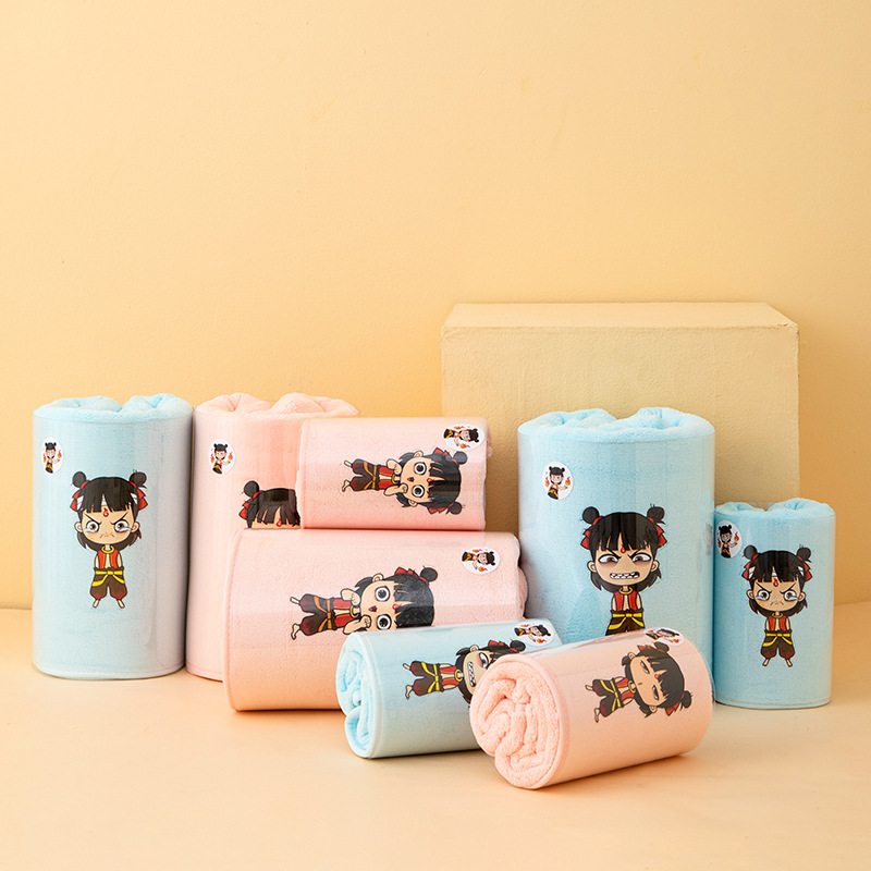 Custom New Ins Embroidered Coral Fleece Thickened Edge Nezha Antibacterial Towel Bath Towel Set Quick-Dry Towel