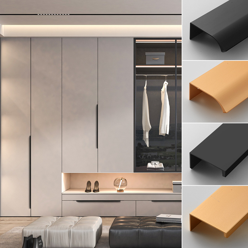 Aluminum profile cabinet door modern simple embedded door seam invisible door handle black gold right angle arc long handle