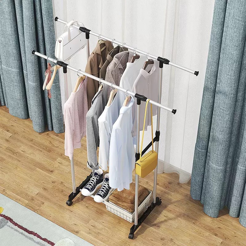 Cross-Border Clothes Drying Rack Floor-Standing Double-Pole Coat Rack Mobile Balcony Indoor Telescopic Double-Pole Single-Pole Clothes Drying Rack