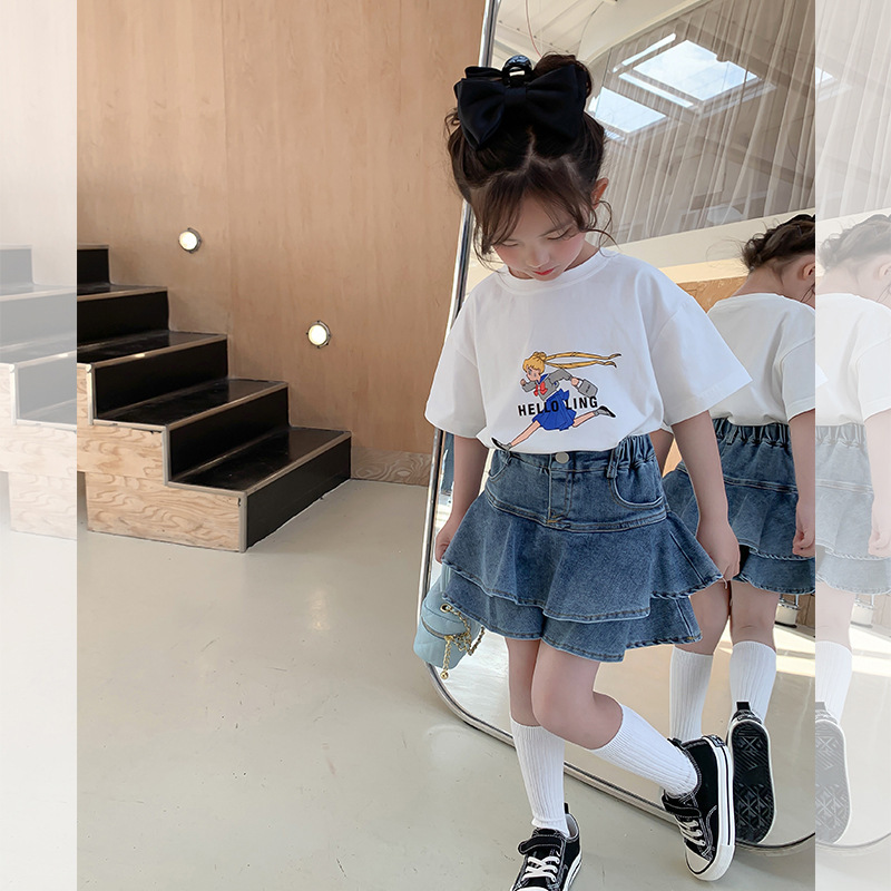 Korean Children's Wear for Middle and Small Children 2025 Summer New Girls' Ruffled Denim Bust Skirt for Little Girls Stylish Skirt