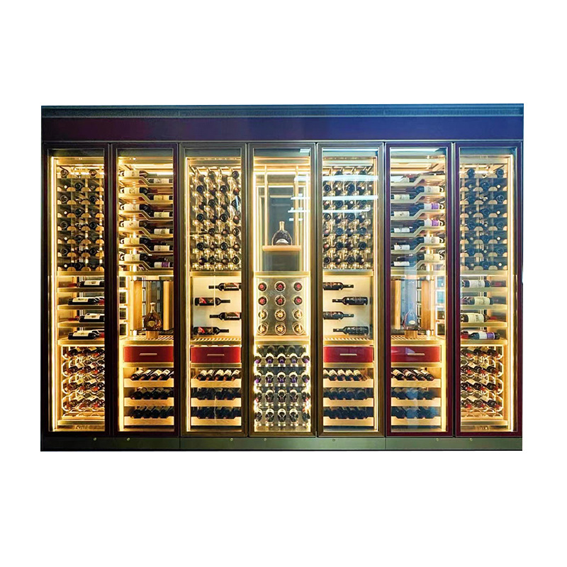 High-grade Stainless Steel Oak Constant Temperature Wine Cabinet Red Liquor Display Rack Villa Wine Cellar Normal Temperature Glass Metal Cabinet