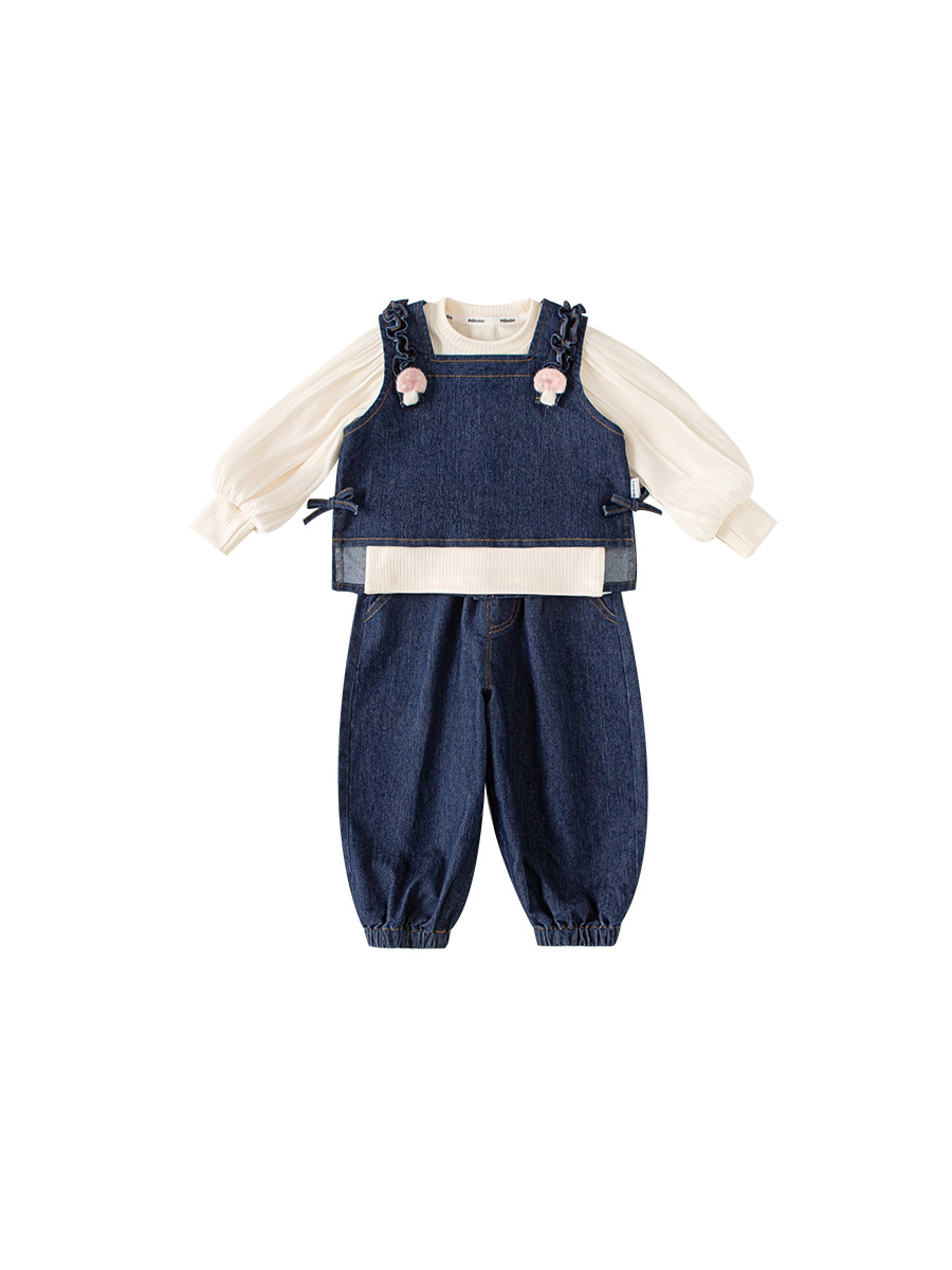 Bong Selected Girls Autumn New Sweet suit Children's Ear-rimmed Vest Bubble Sleeve Inner Jeans Three-piece Set