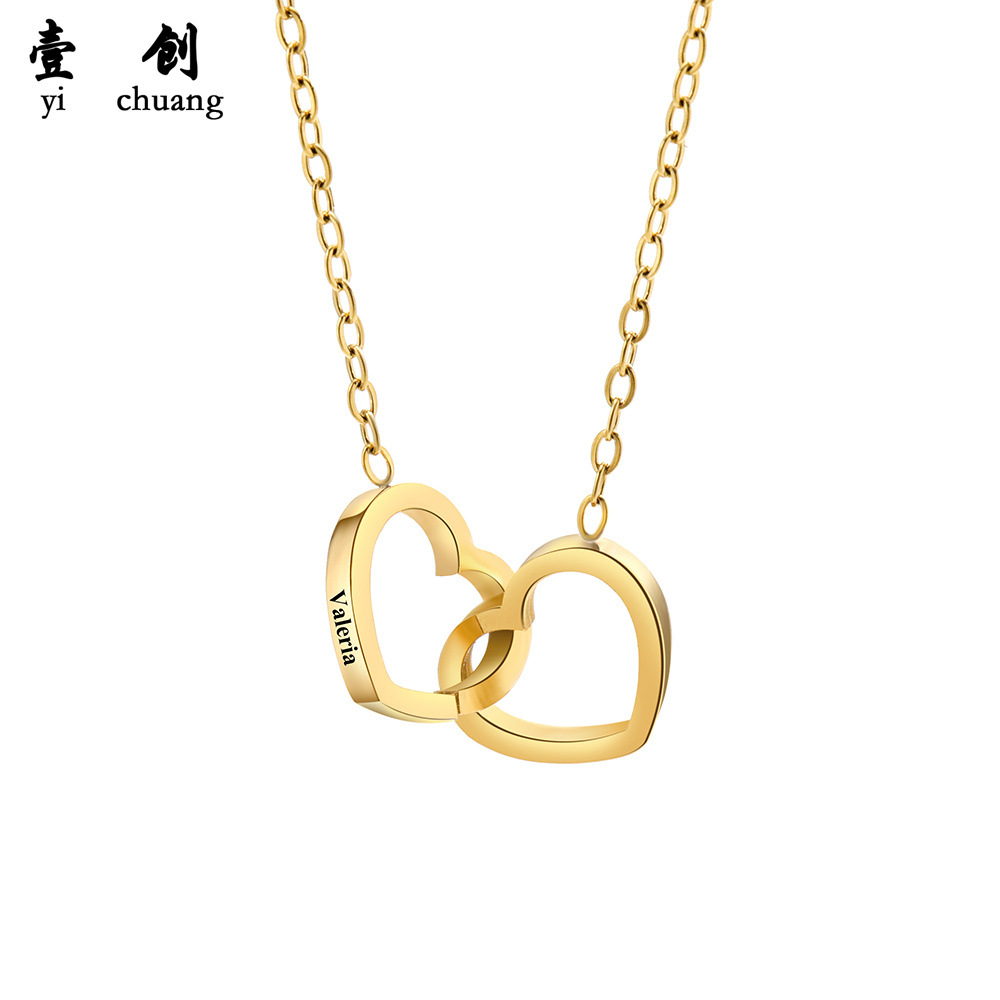 Stainless Steel Double Heart Engraving Necklace Engraved Heart Necklace European and American Cross-Border Popular Fashion Simple Gift