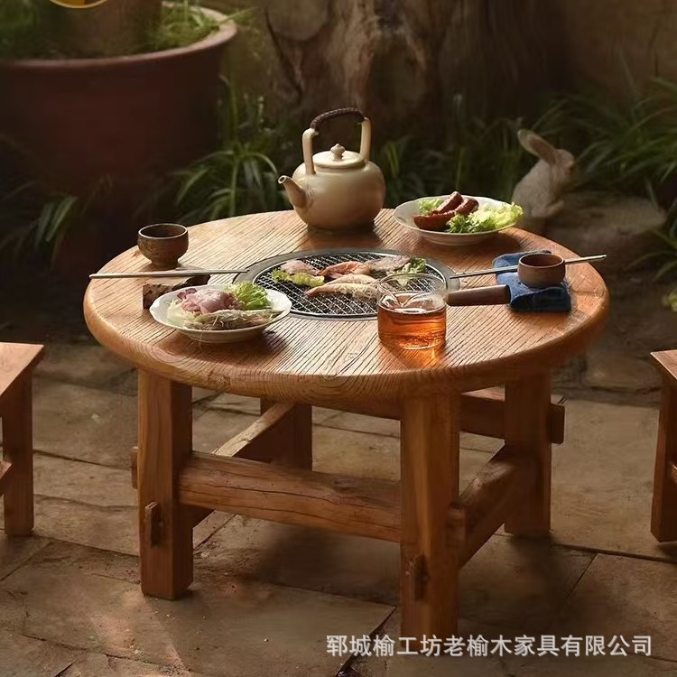 Old Elm Wood Cooking Tea Table Household Balcony Barbecue Tea Small Round Table Small Balcony Outdoor Picnic Tea Table