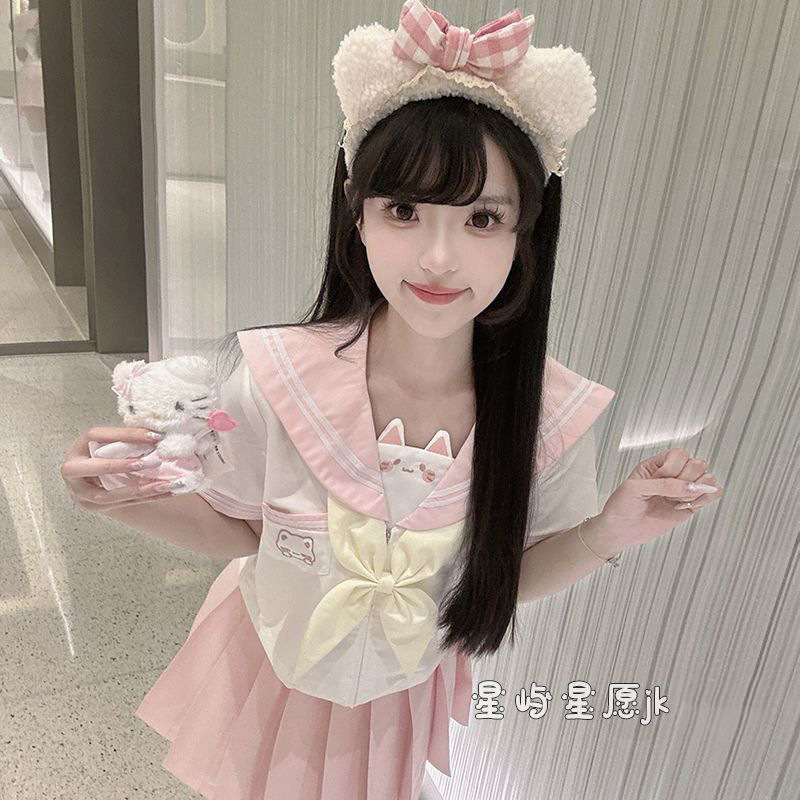 Japanese Cute Sweet Jk Uniform Sailor Suit Female Kindergarten Japanese College Style Sweet Short-Sleeve Embroidered Skirt Set