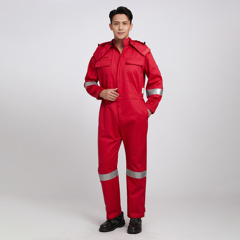 Processed Flame-Retardant and Anti-Static One-Piece Work Clothes with Hood and Reflective Strips Work Clothes Welding Labor Protection Clothes Steelmaking Work Clothes