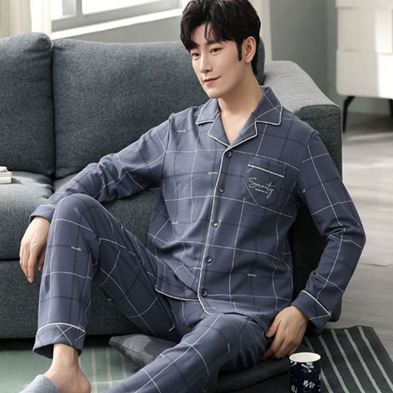 Plaid Men's Pajamas Spring and Autumn Pure Cotton Long-sleeved plus size Imitation Cotton Thin Autumn and Winter Casual Home Clothes for Middle-aged suit