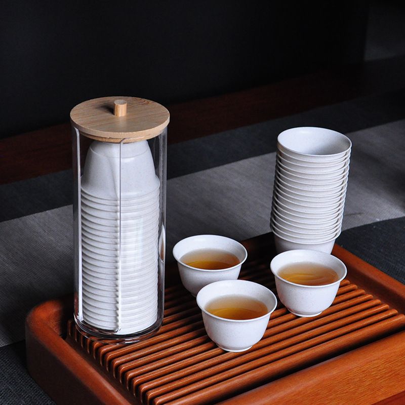 Disposable Rice Husk Tea Cups, Small Chinese-Style Commercial Tea Cups, Kung Fu Tea Set, Bagged Eco-Friendly Tea Tasting Cups with Cup Holder