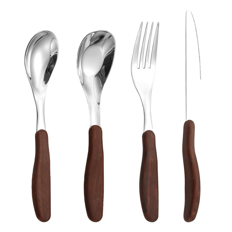 Clip Handle Imitation Wood Grain Knife, Fork and Spoon Tableware 304 Stainless Steel Table Knife, Spoon and Fork Restaurant Kidsren's Baby Food Spoon