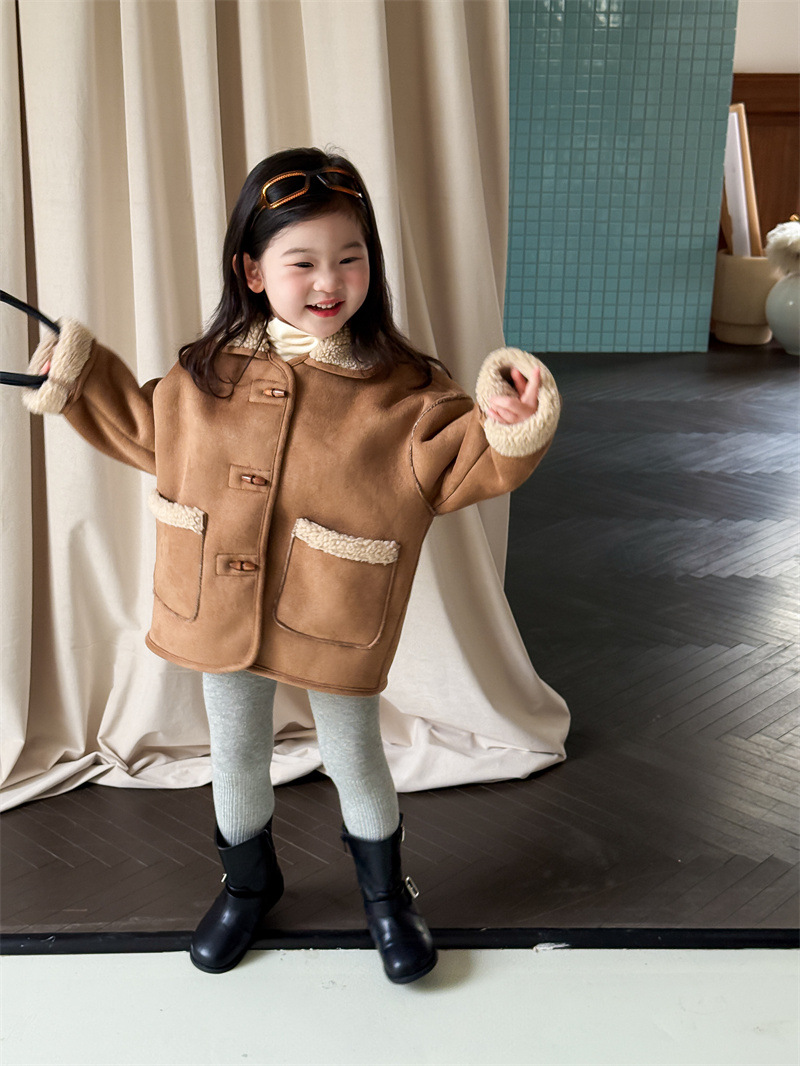 2025 Winter New Korean Style Children's Clothing Girls' Suede Composite Lamb Wool Jacket Plus Velvet Thickened Jacket