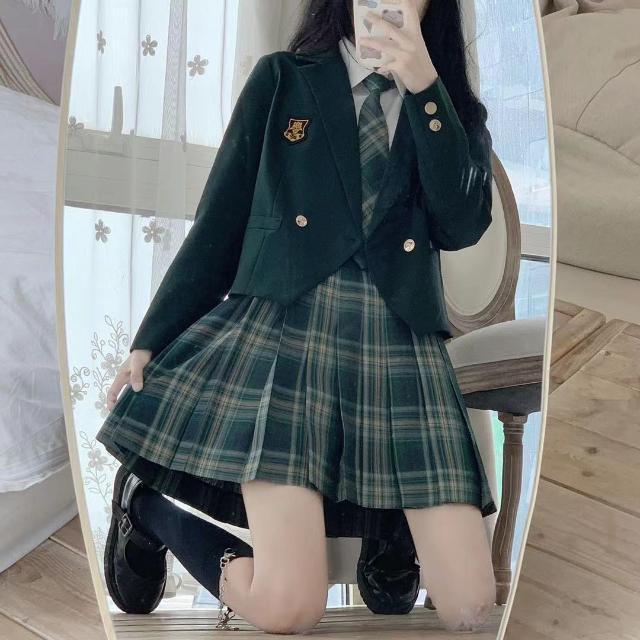 Japanese-Style Short One-Button Suit with Forest Letter Pattern Skirt Set, School Style Jk Uniform Two-Piece Suit