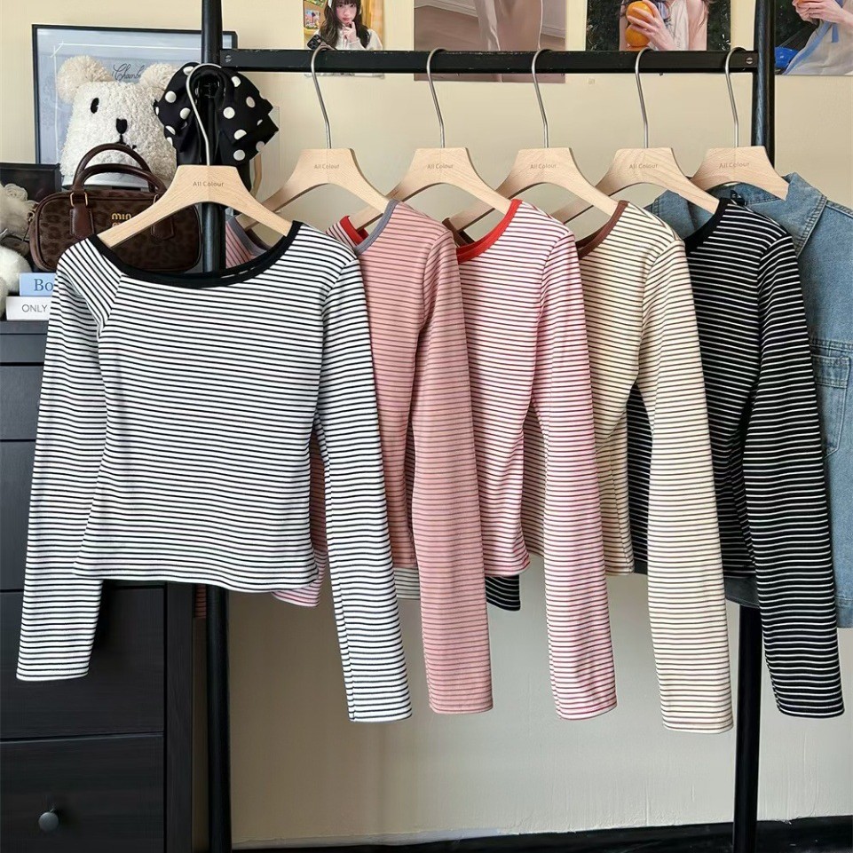 5180 # 280g Cashmere Heating Warm Striped Long Sleeve T-Shirt Women's Niche Off-Shoulder Contrast Color Stripe Top