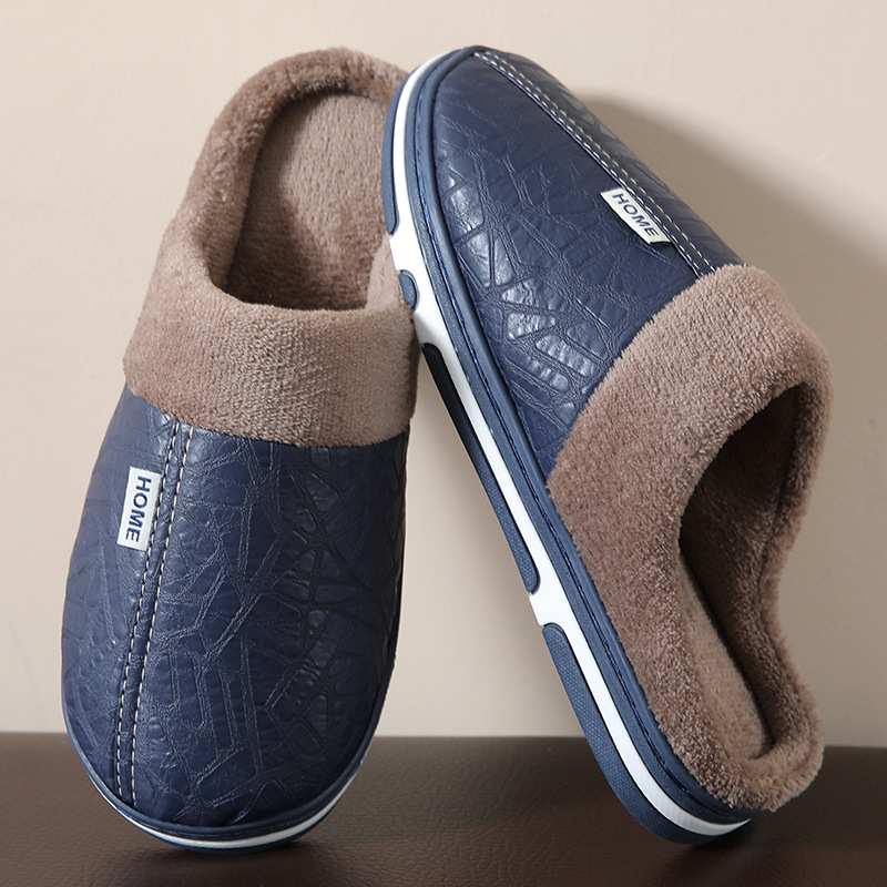 Autumn and Winter Couple Slippers for Women, Non-Slip, Anti-Odor, Indoor and Outdoor Home Fleece-Lined Thick-Soled Confinement Pu Leather Cotton Slippers