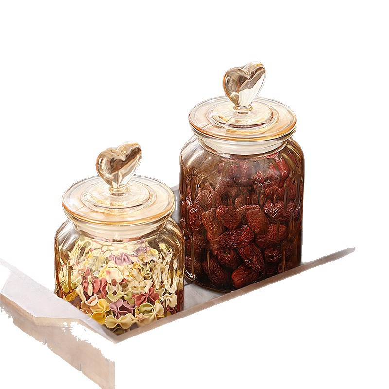 Glass Sealed Jar Creative Heart Storage Jar Transparent Amber High-Value Snack Candy Tea Storage with Lid