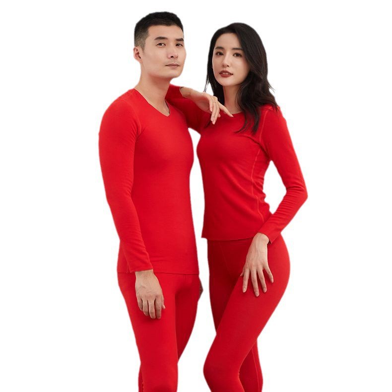 【Zodiac Year】De Rong Red Thermal Underwear Set for Women and Men, Seamless Autumn Clothes and Pants, High Elasticity for Men's Wedding