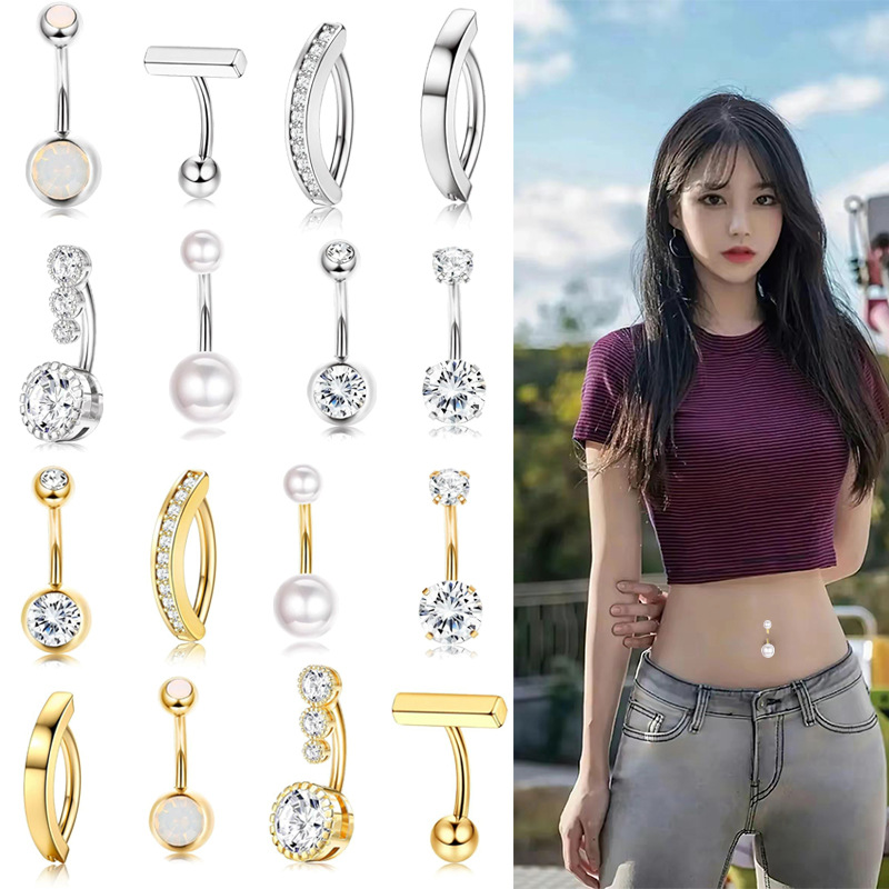 Cross-border stainless steel belly button ring 8 pieces suit round zircon sexy light luxury belly button nail body piercing jewelry