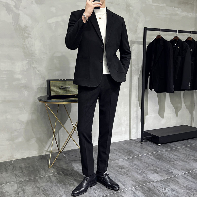 Spring and Autum Thickeneded Woolen Casual Suit Men's Suit Korean Style Slim British Style Handsome Suit Two-Piece Set for Men