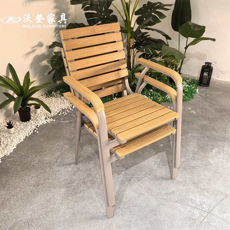 Woden Outdoor Courtyard Aluminum Alloy Plastic Wood Sun Round Table and Chairs Open-Air Balcony Outdoor Waterproof Sun Protection Imitation Wood Tables and Chairs