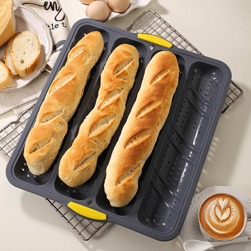 4-Slot Large Silicone Baguette Mold with Iron Frame to Prevent Deformation, Anti-Stick Opening, Easy to Demould French Bread Baking Pan