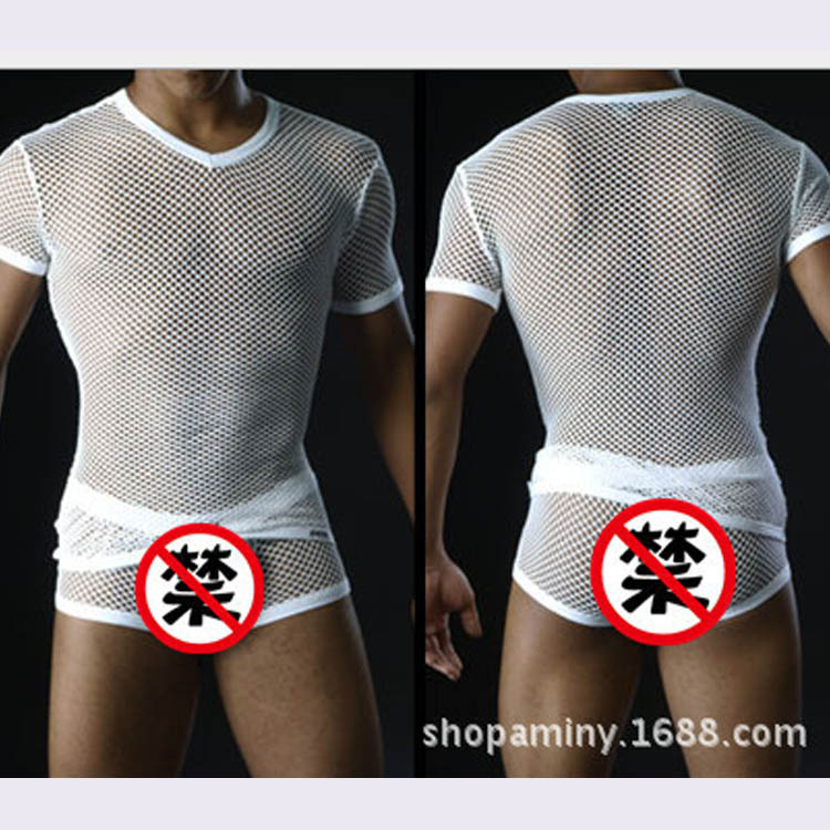 Прямые продажи фабрики Мужская короткая футболка сексуальная прозрачная с крупными отверстиями сетчатая дышащая рубашка модная для клубных выступлений