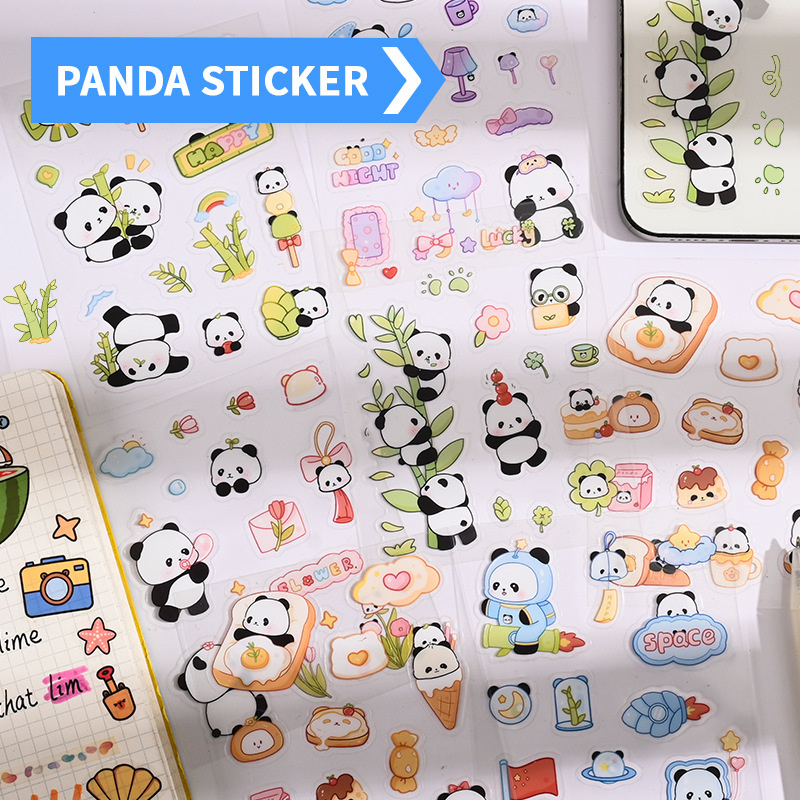 Cute Handmade Panda Pattern Cartoon PET Sticker Children's Fun Self-adhesive Hand Account Sticker Waterproof Panda Sticker