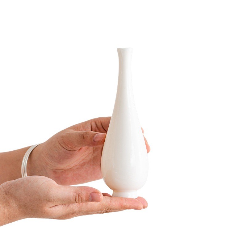 White Ceramic Handmade Small Vase with Jade Porcelain Guanyin, Chinese-Style Home Zen Flower Arrangement Ornament