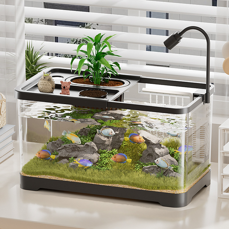 Аквариум для маленькой гостиной, домашний ландшафтный аквариум, полный комплект экологического водного аквариума, вертикальный безводный аквариум с крышкой, прозрачный аквариум для ленивых людей с золотофишками