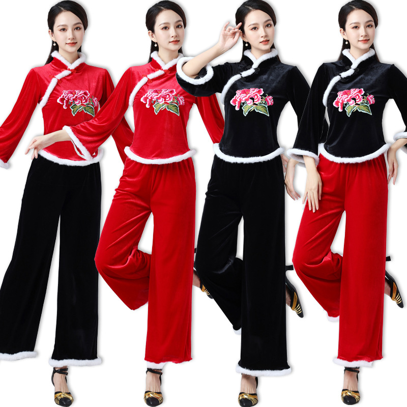 Luoshen Square Dance Costume New suit Autumn and Winter Thickened Embroidered Golden Velvet Dance Costume Ethnic Performance Costume