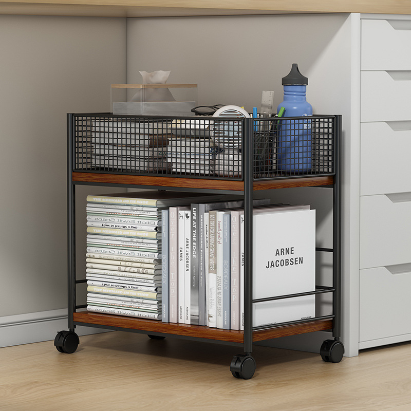 Movable bookshelf with wheels desk side schoolbag storage rack floor iron book storage simple student bookcase