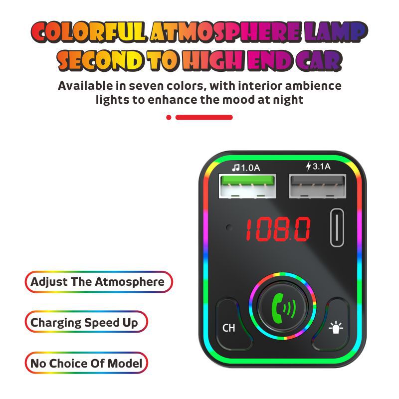 F3 Car Bluetooth Mp3 Player Hands-Free Ambient Light Pd Fast Charging Suitable for Huawei Samsung Xiaomi Smart Audio and Video