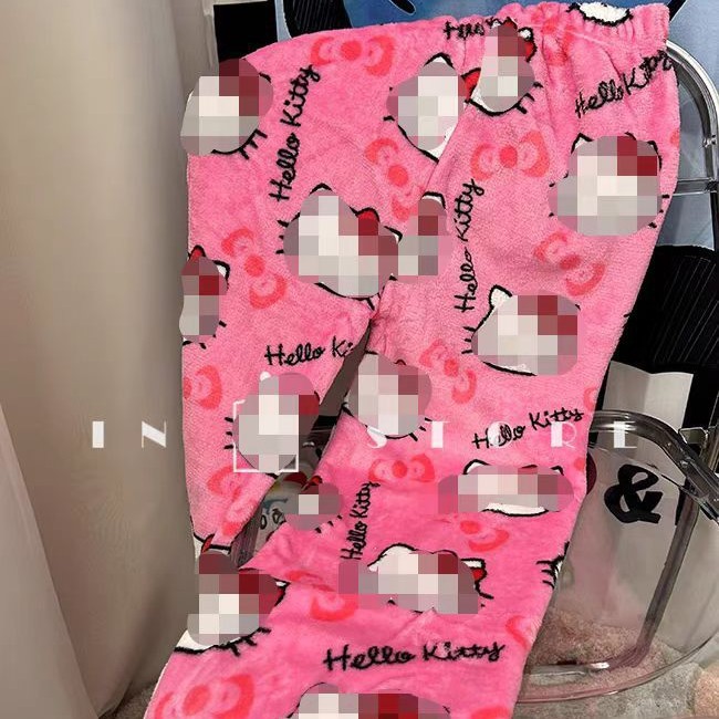 Экспортные пижамные штаны с мультяшным котом КТ, утолщенные женские коралловые флисовые штаны для осени и зимы, повседневные фланелевые пижамные штаны, уличная одежда