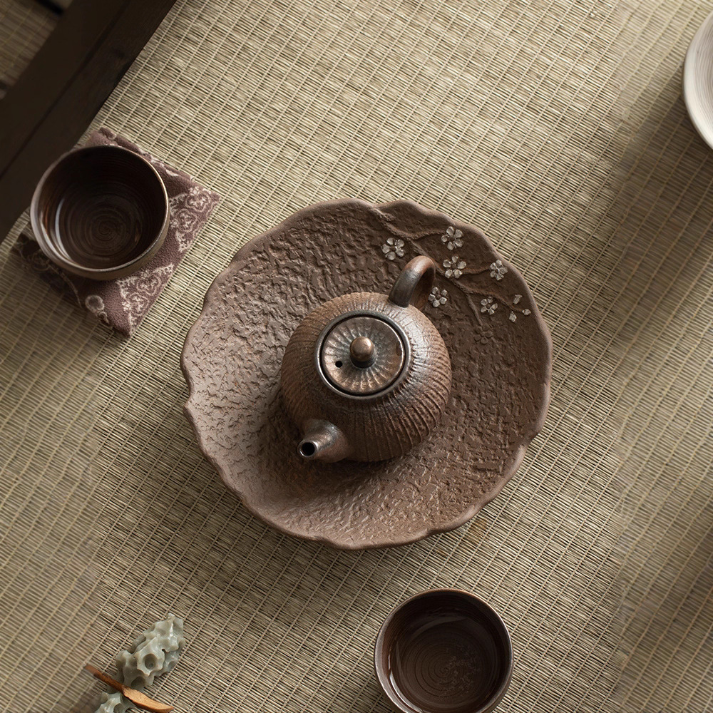Rough Pottery Unglazed Dry Tea Tray Tea Table Water Storage Chinese Retro Household Base Pot Holder Tray Pot Holder Fruit Plate