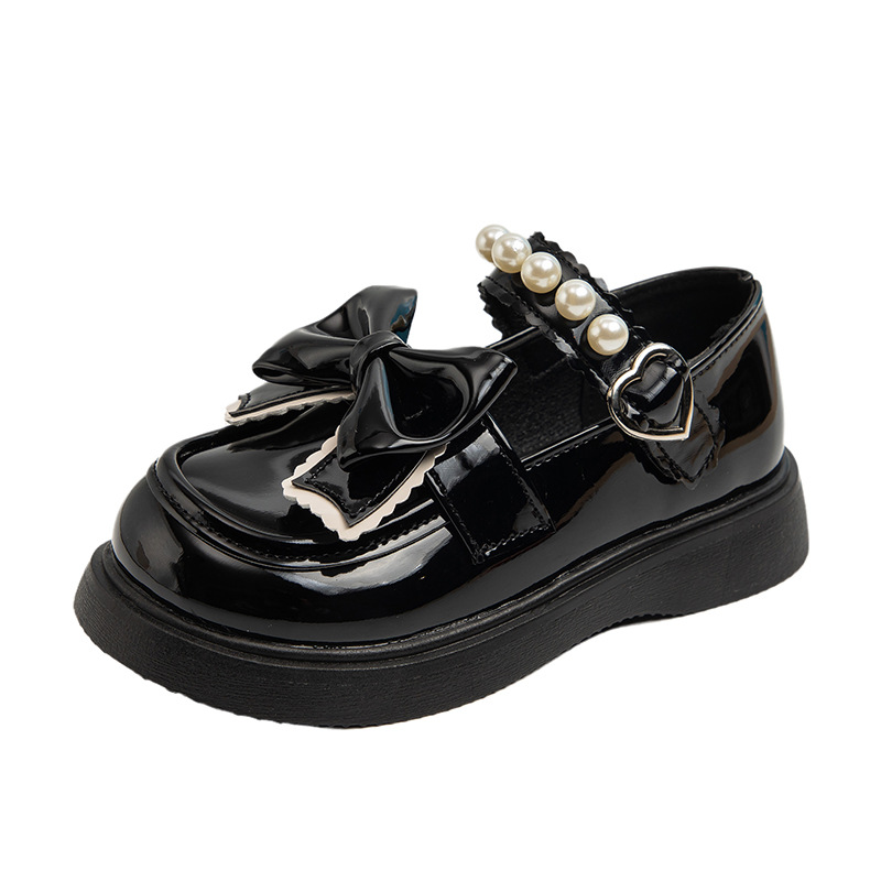 Girls' Small Leather Shoes with Pearl Bow, Princess Shoes, Student Black Performance Shoes, White Non-Slip Dance Shoes, Flat Shoes