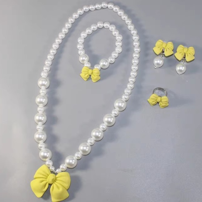 Children's pearl necklace suit big bow ponytail hairpin top clip girls necklace ear clip ring jewelry wholesale