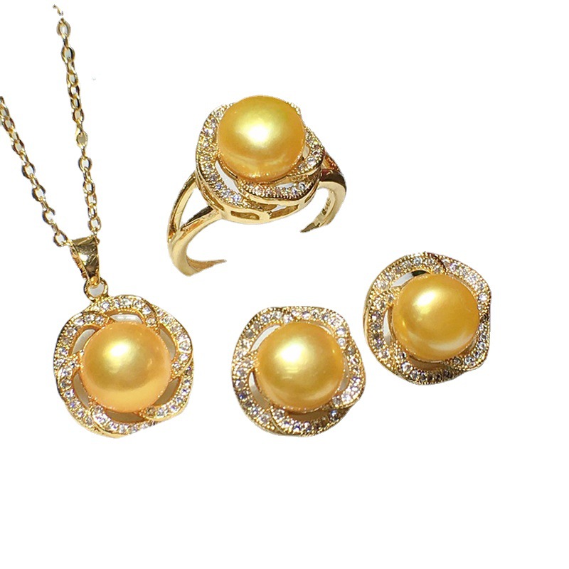 Freshwater Pearl Necklace Women's All-match Set Fashion Jewelry Wholesale Earrings Ring Pendant Three-piece Set T04
