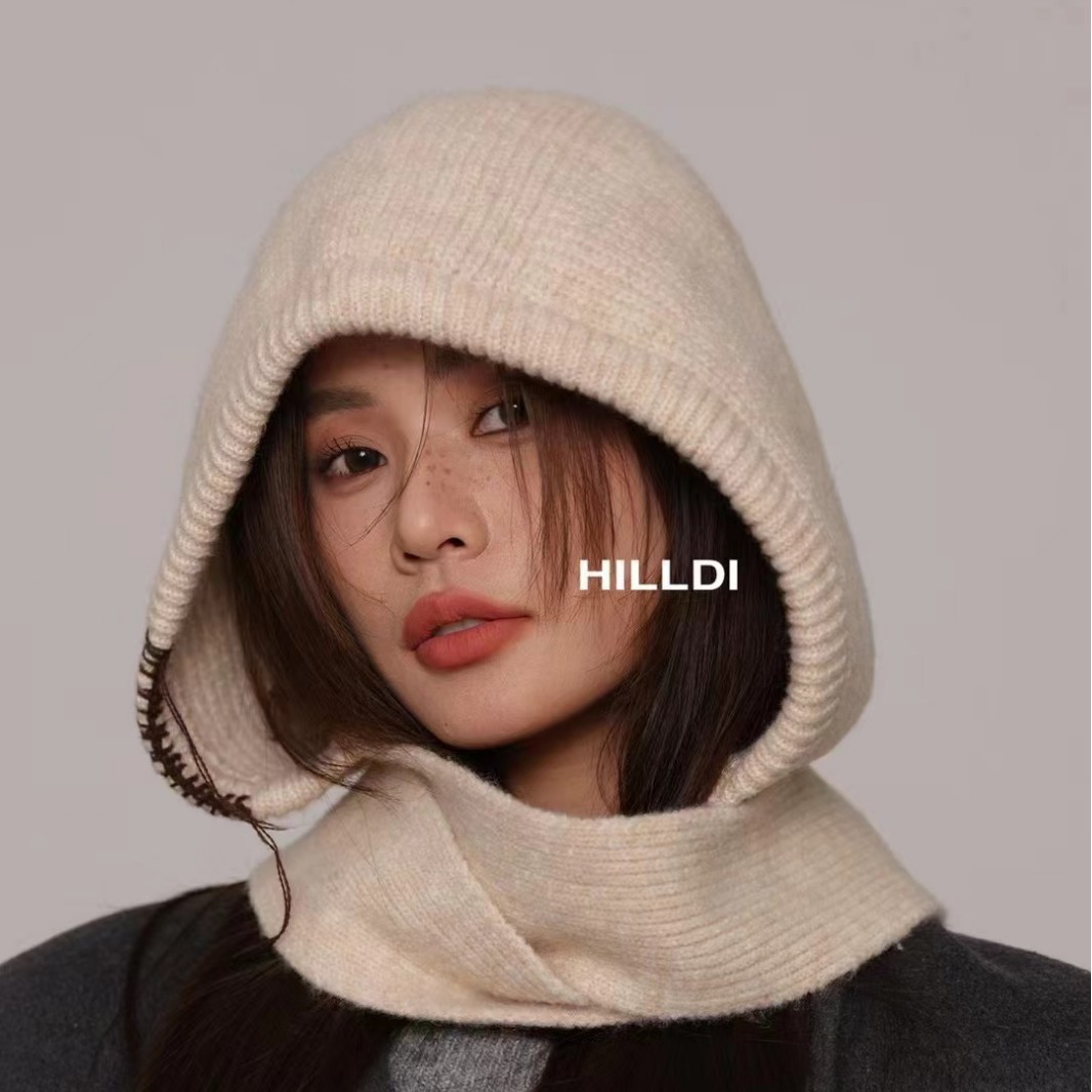 2024 autumn and winter new solid color knitted hat shawl women's dual-use outer padded warm neck scarf