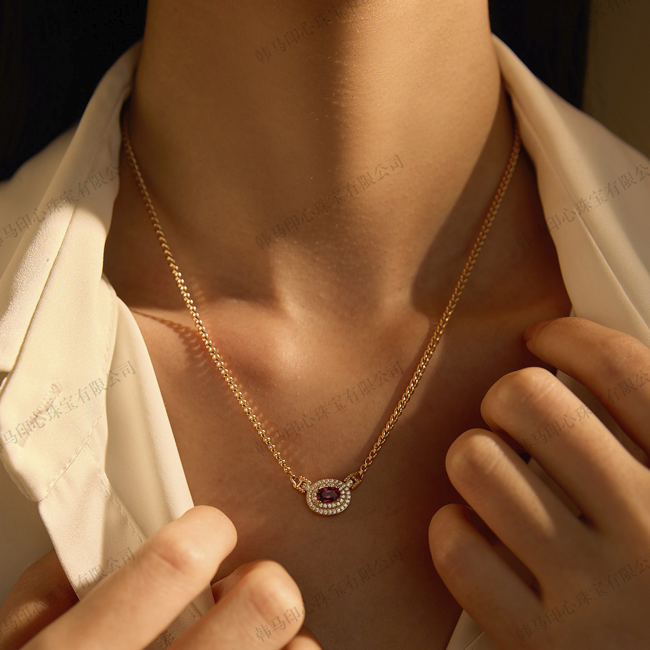 925 silver fashion design sense magnesium aluminum garnet necklace clavicle chain champagne gold tone high fashion sense