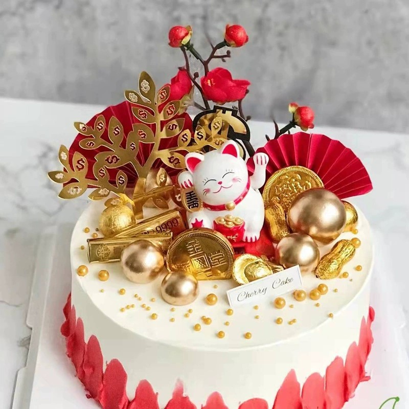 Cross-Border Plastic Birthday Cake Decorations for Parents, God of Wealth, Lucky Cat, Plum Blossom, Birthday Peach, New Year's Birthday Celebration, Baking Wholesale